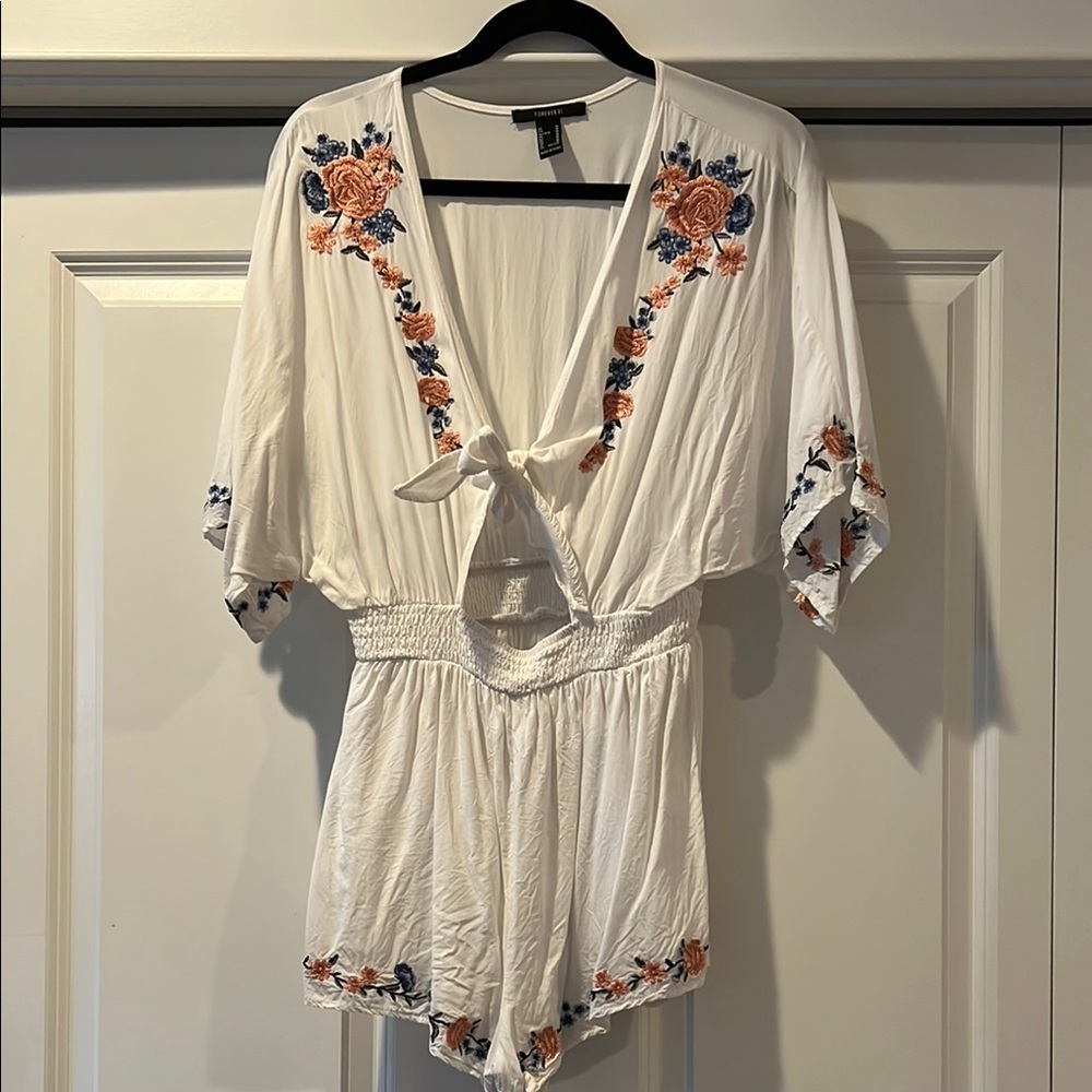 White Floral Embroidered Romper